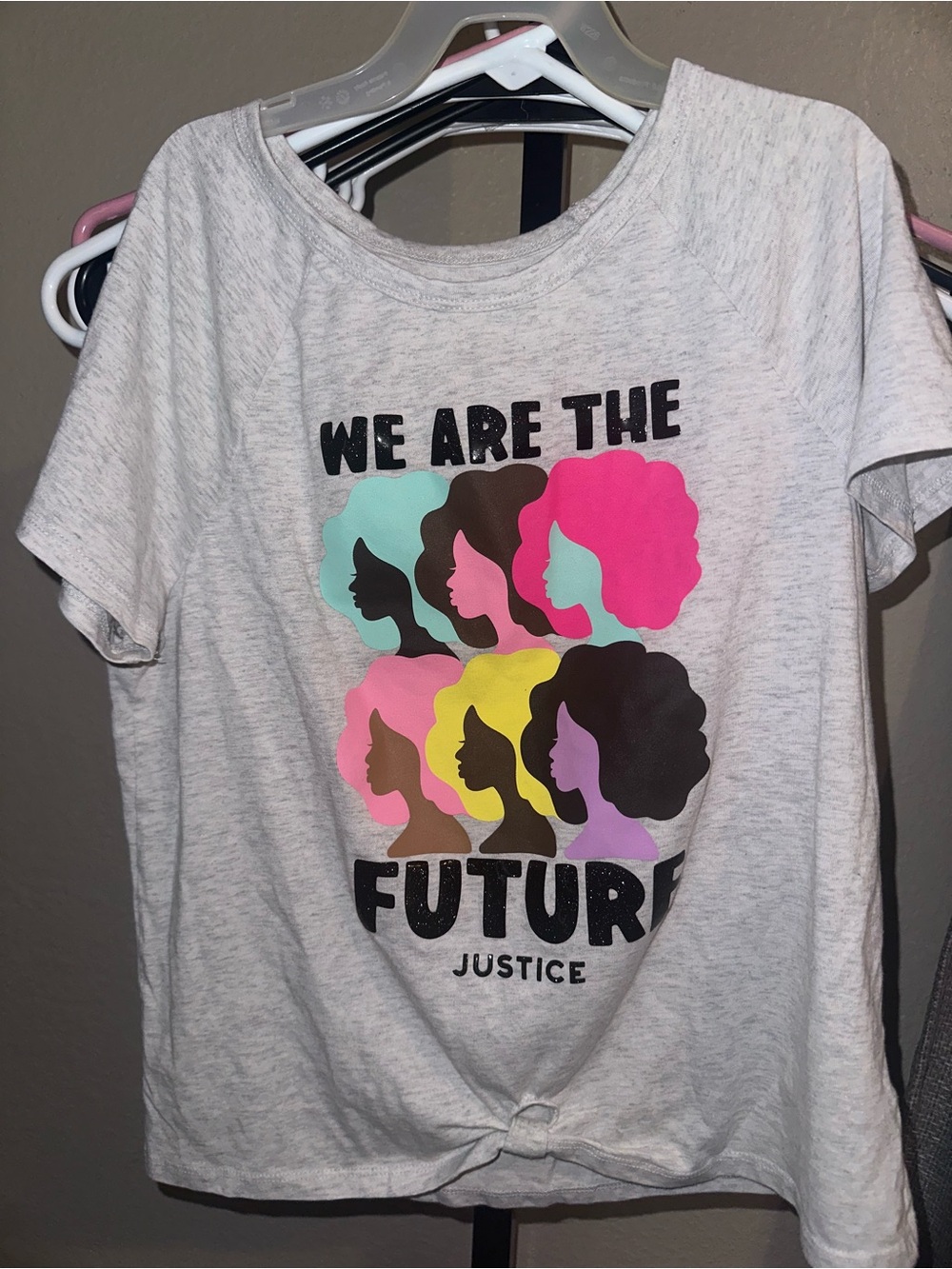 Justice Graphic Tee - Pink/Yellow/Teal/Black Accents